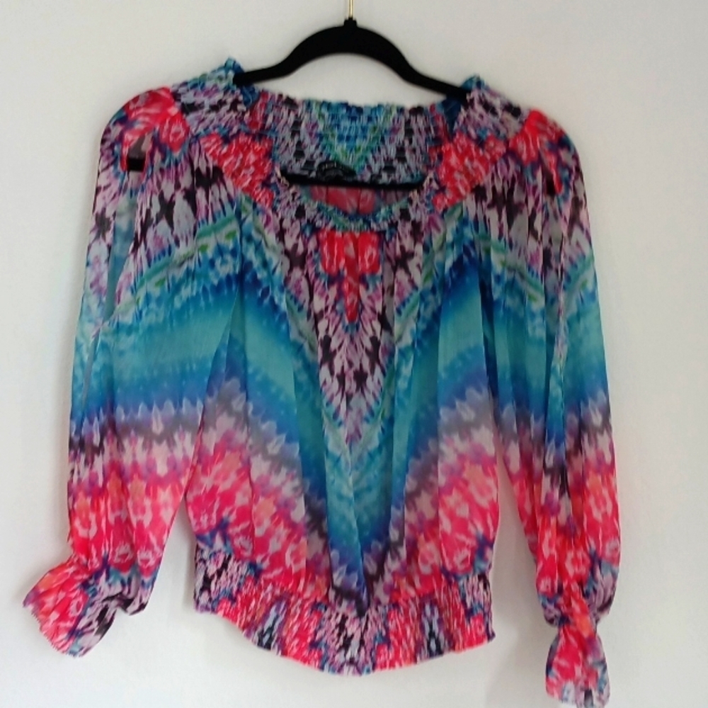 Bebe Womens Smocked Artsy Watercolor Sheer Off Shoulder Top Sz L Fairy Boho